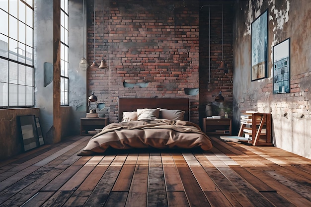 Foto dormitorio moderno con pisos de madera y paredes de ladrillo