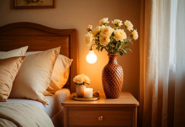 Dormitorio moderno con primer plano del armario de noche Vaso de flores en el armario de lado de la cama cerca de la cama