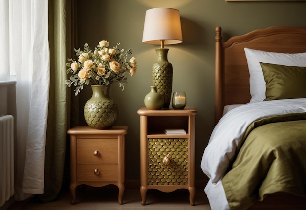 Dormitorio moderno con primer plano del armario de noche Vaso de flores en el armario de lado de la cama cerca de la cama