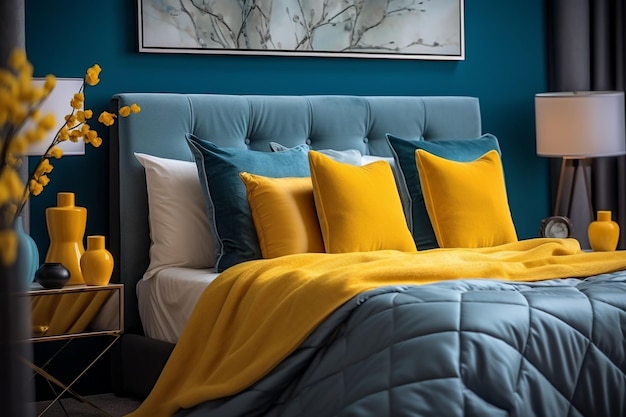 dormitorio moderno ropa de cama elegante y muebles amarillo y azul marino