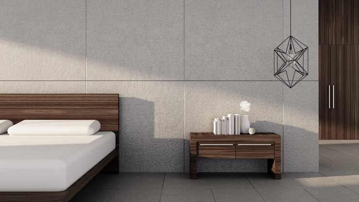 Dormitorio moderno con sol brillante de la mañana / 3D rendering interior