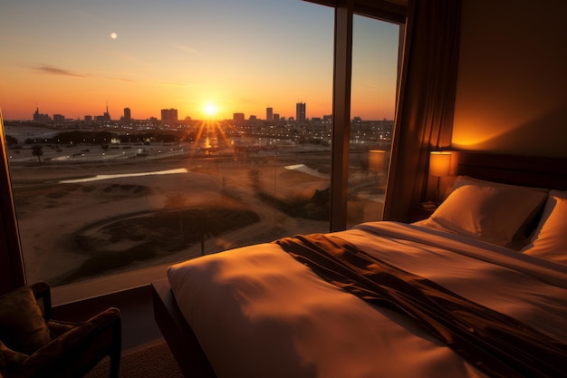 Dormitorio moderno con ventana panorámica en la habitación del hotel Sunset Resort