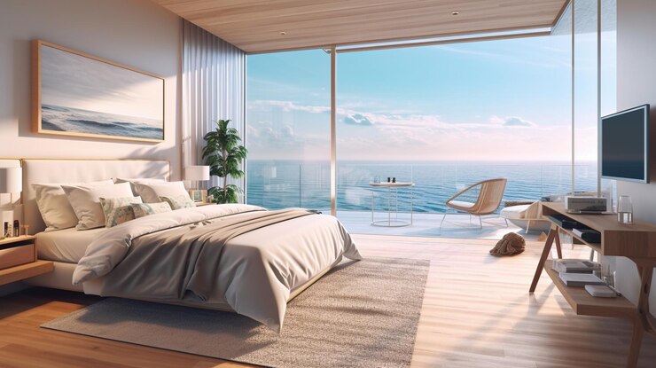 Dormitorio moderno con vista al mar desde la ventana