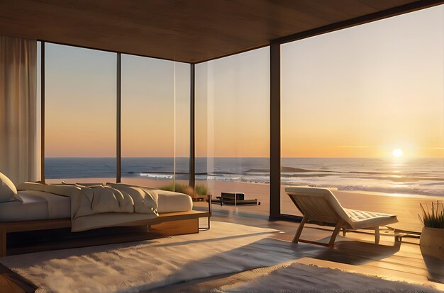 Un dormitorio moderno con vistas al océano.