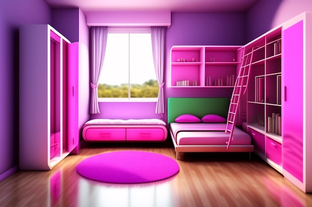 Un dormitorio morado con una cama y un estante con una librería encima.