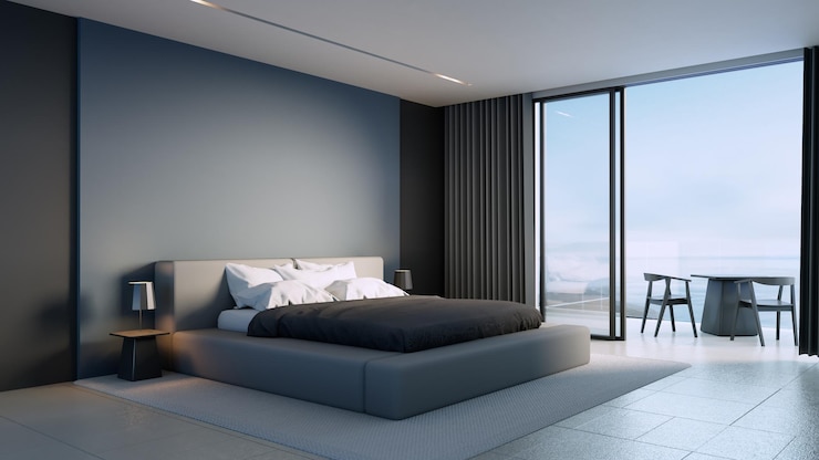 dormitorio negro de lujo con vistas al mar - representación 3D