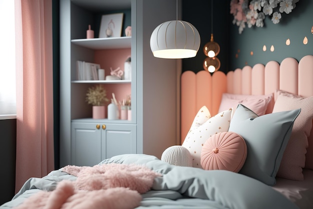 Dormitorio de niña acogedor y moderno con muebles de decoración rosa y arte.