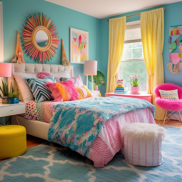 Foto dormitorio de niña colorido, divertido y elegante.