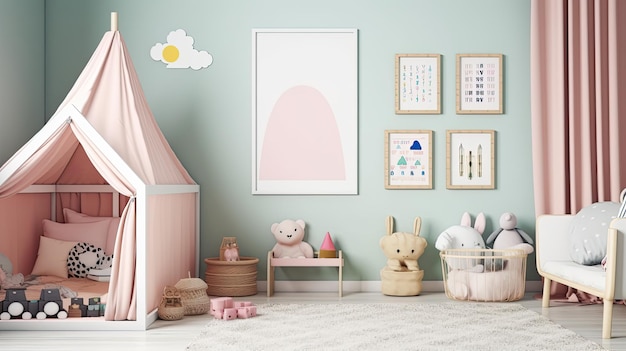 El dormitorio de un niño con una casa rosa y una pared con la imagen de un conejito.