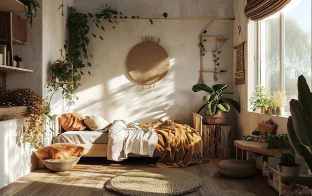 Foto el dormitorio de los niños con colores relajantes y elementos naturales