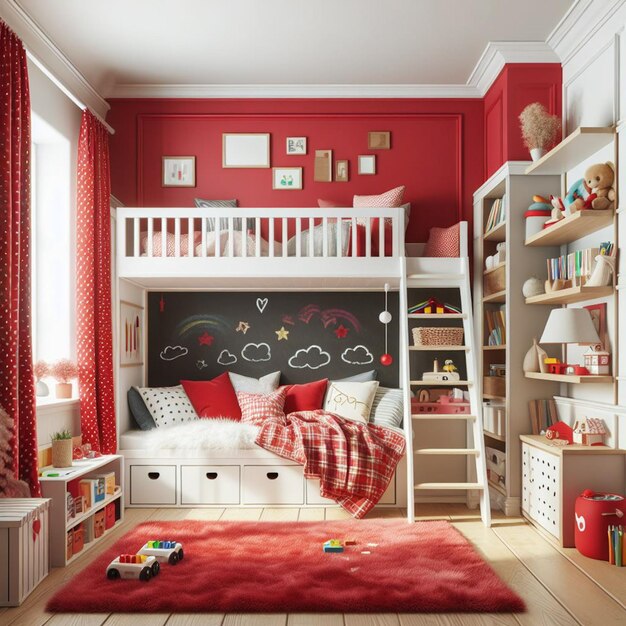 un dormitorio de niños con una pared roja con una escalera blanca