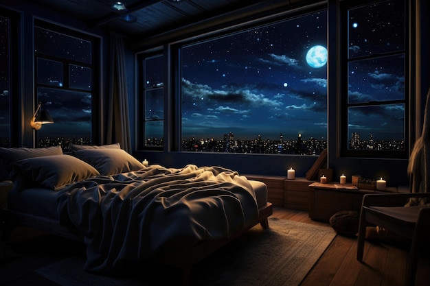 Dormitorio nocturno con gran ventana y luna llena renderizado en 3D Una habitación en un apartamento puede ver el cielo lleno de estrellas generado por IA