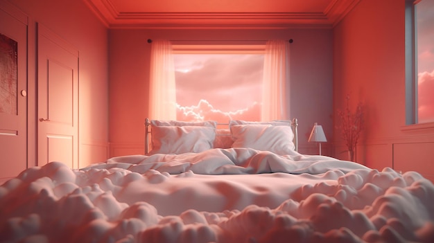 Dormitorio de nubes rosadas Habitación de fantasía de estilo femenino generada por IA