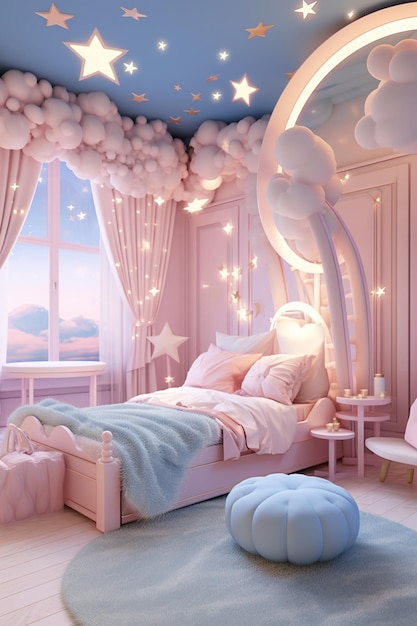 Foto un dormitorio con nubes rosas y blancas y estrellas en las paredes y el techo