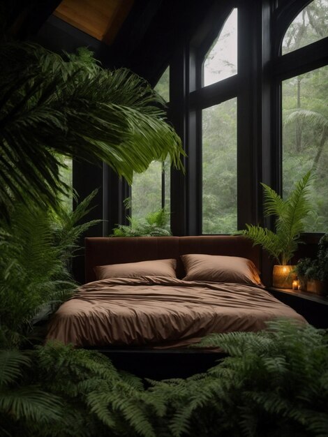 Foto un dormitorio oscuro la cama es un rey de lujo el edredón marrón está tirado hacia atrás sábanas bronceadas