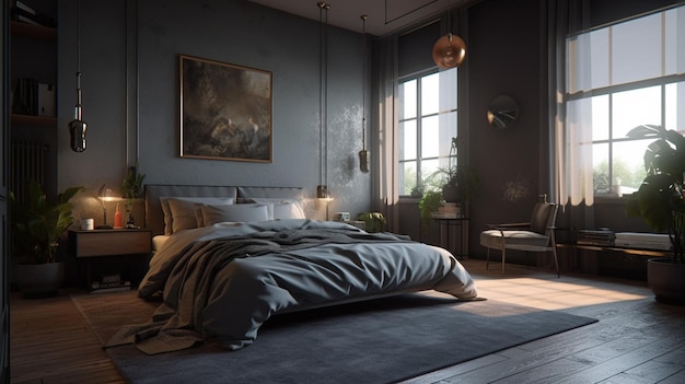 Un dormitorio oscuro con una cama y una lámpara en la pared.