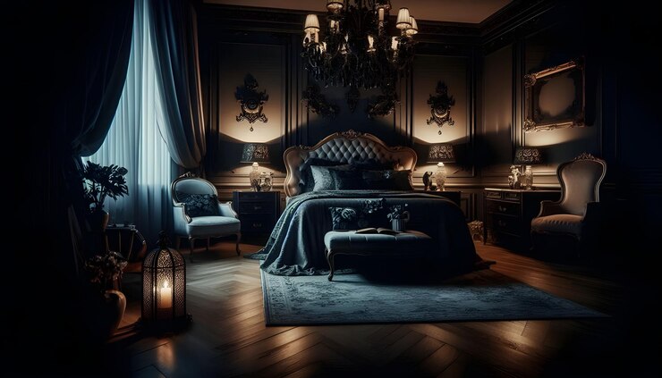 Un dormitorio oscuro y lujoso