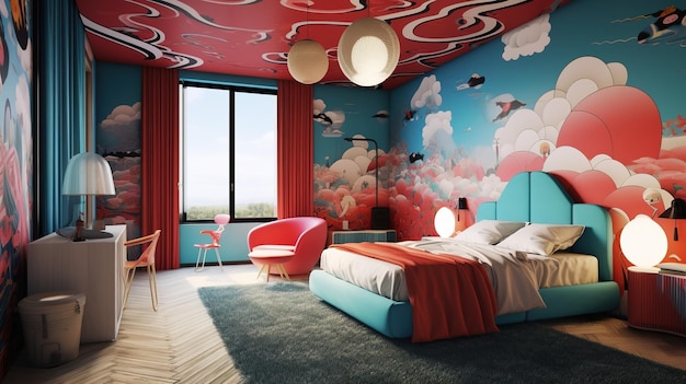 Un dormitorio con papel pintado rojo y azul y una cama roja con una cama azul y blanca y una silla roja.