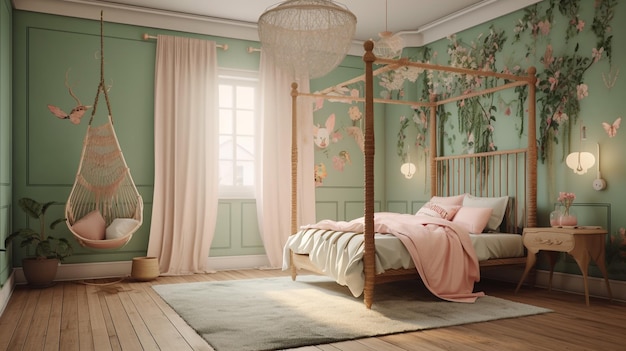 Un dormitorio con papel pintado verde y una cama con dosel.