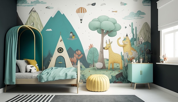 Un dormitorio con papel tapiz verde con una escena del bosque y una escena del bosque.