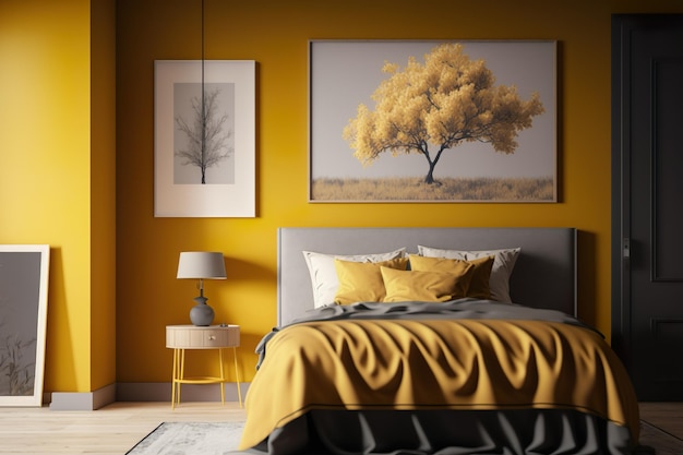 Un dormitorio con una pared amarilla y una cama con un árbol encima.
