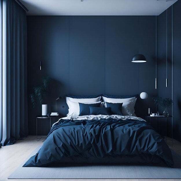 Un dormitorio con una pared azul y una cama con almohadas y una lámpara.