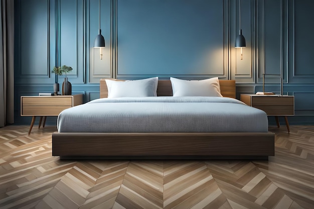 Un dormitorio con una pared azul y una cama de madera con un somier blanco.