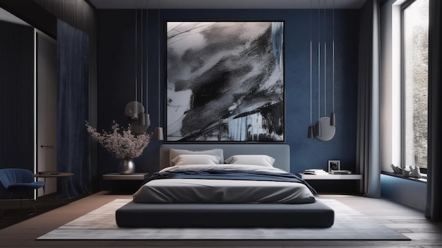 Un dormitorio con una pared azul oscuro y un gran cuadro encima de la cama.