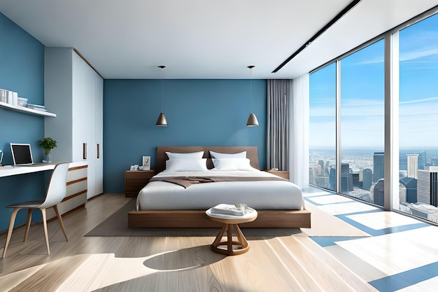 Foto un dormitorio con una pared azul que dice que la cama está en una habitación con una ventana grande