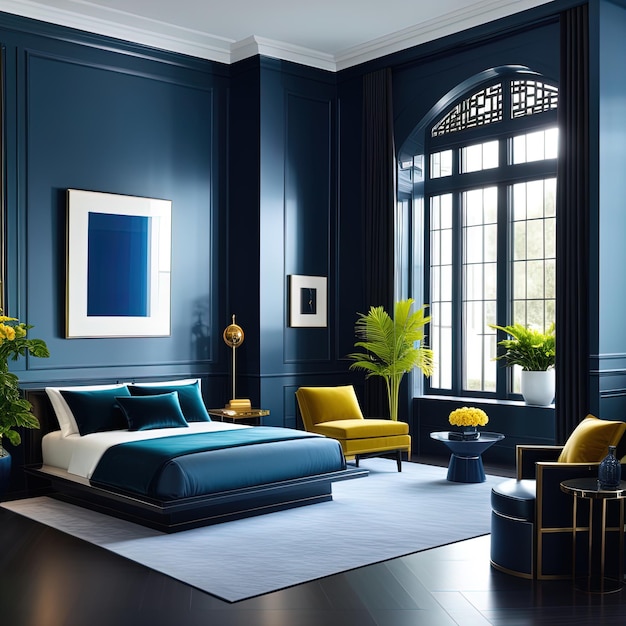 un dormitorio con una pared azul y una silla amarilla