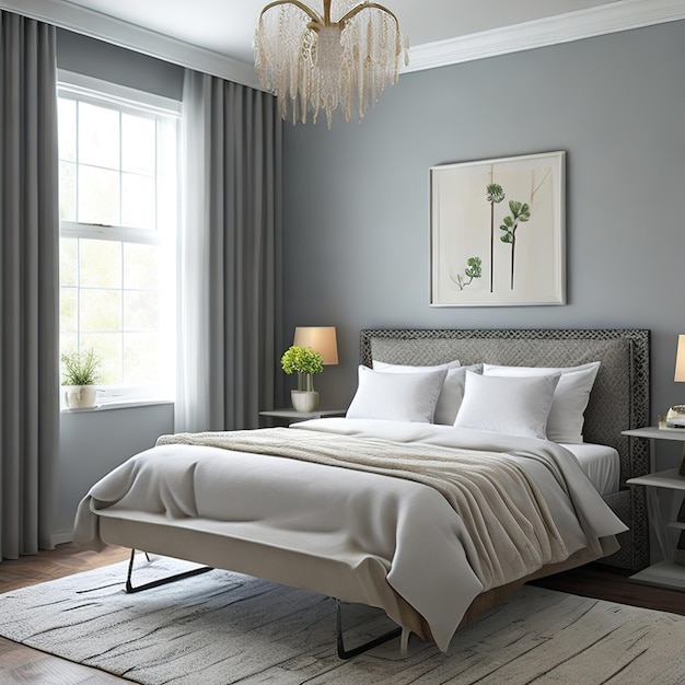 Un dormitorio con una pared gris y una cama con una manta blanca y una lámpara encima