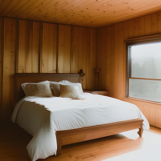 Un dormitorio con una pared de madera y una cama con un edredón blanco y almohadas.