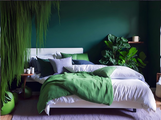 Un dormitorio con una pared verde y una cama con una almohada.