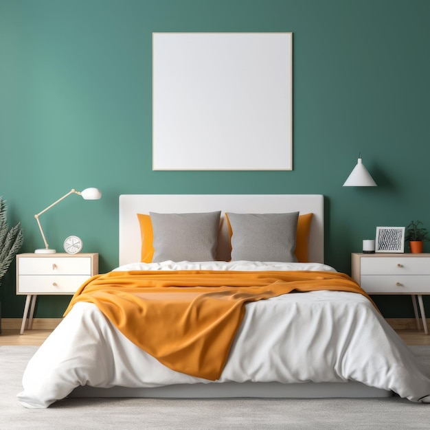 Dormitorio de pared verde con cama blanca