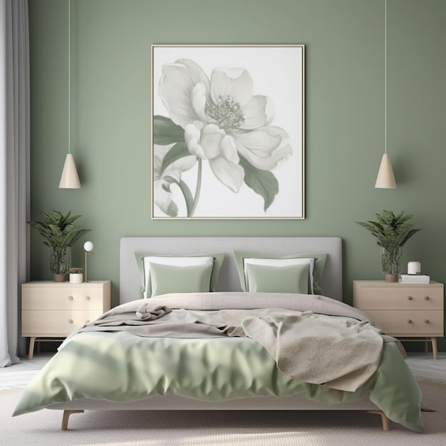 Un dormitorio con una pared verde y una cama con una flor blanca encima.
