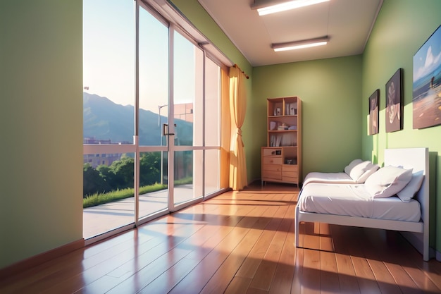 Un dormitorio con una pared verde y una cama con una sábana blanca encima.