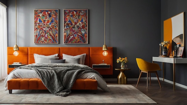 un dormitorio con una pintura en la pared y una silla amarilla con una imagen en ella