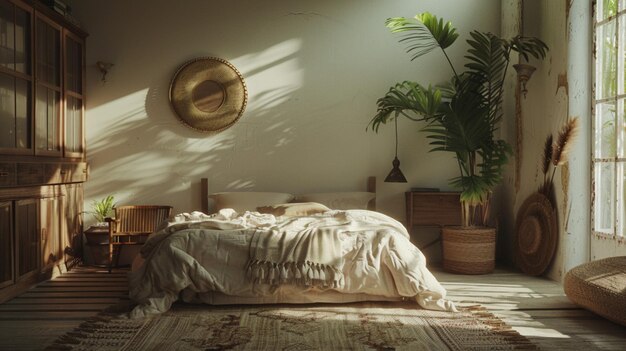 un dormitorio con una planta y una cama con una planta en la esquina