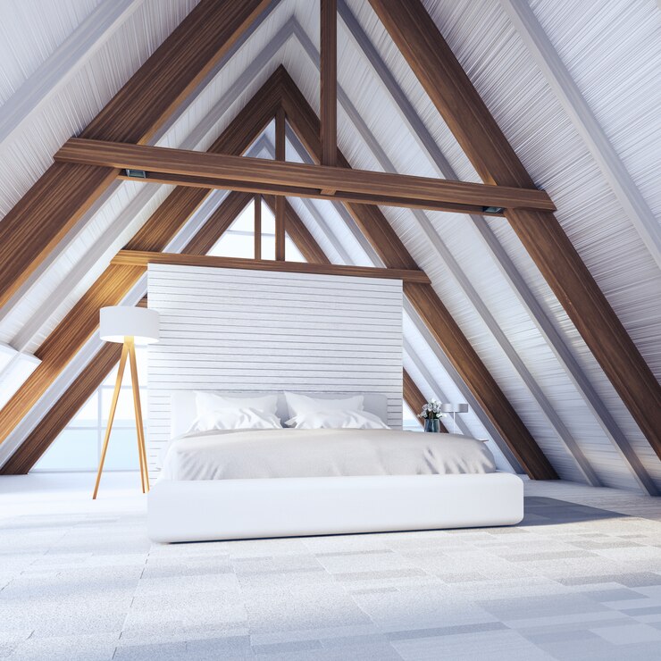 Dormitorio de playa en una casa de madera con marco: interior de renderizado 3D fácil y relajado