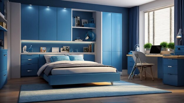 El dormitorio principal azul y gris con muebles modernos renderizado en 3D