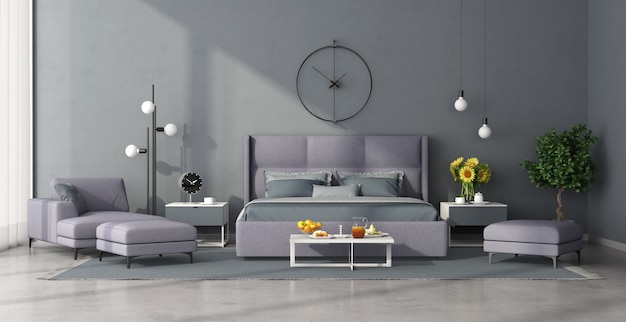 Dormitorio principal minimalista con muebles de color lila.