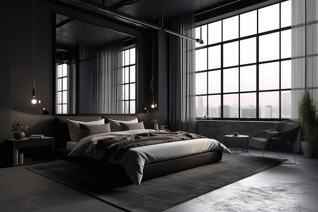 Dormitorio principal tipo loft oscuro con grandes ventanales de lujo