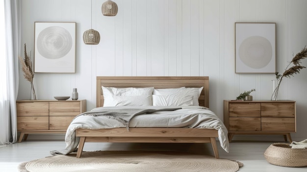 Foto un dormitorio prístino con una cama de madera y tonos neutrales encarna la simplicidad y la armonía