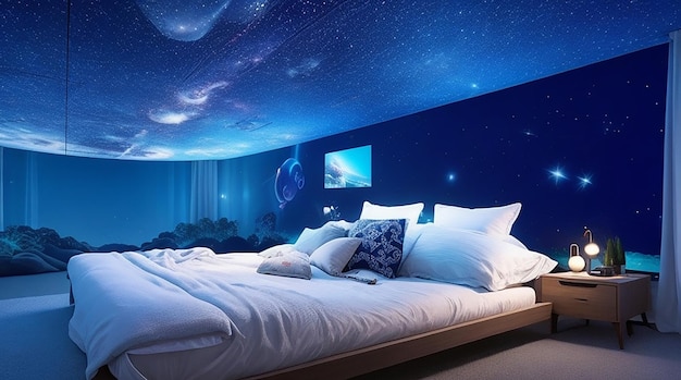Un dormitorio con un proyector de cuentos para dormir de realidad virtual