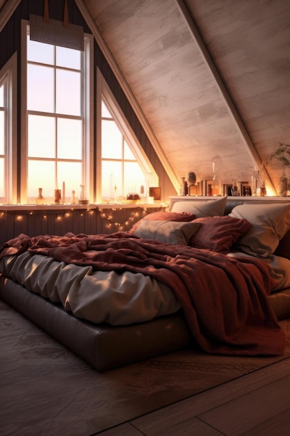 Dormitorio relajante con iluminación tenue y cojines creados con ai generativo