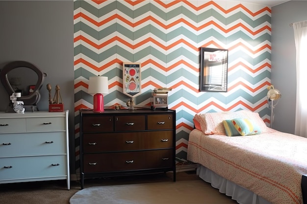 Dormitorio retro con tocador vintage de pared de chevron y cabecero de metal