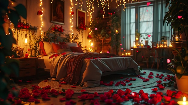 Un dormitorio románticamente decorado con luz suave rosas corazones y mesas