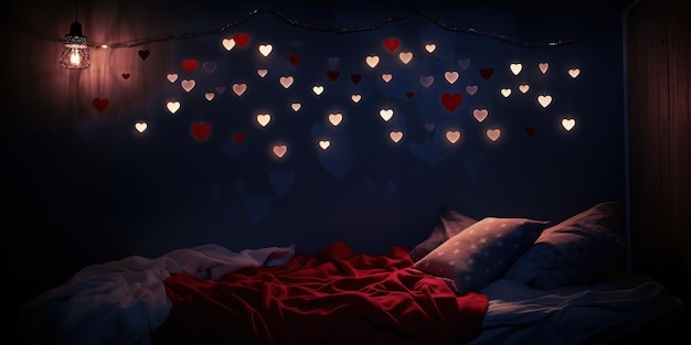 Dormitorio romántico con luces en forma de corazón