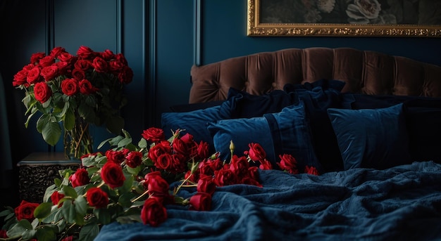 dormitorio romántico con rosas frescas junto a una cama