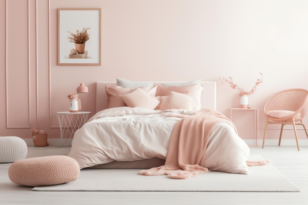 Un dormitorio rosa con una cama blanca y una manta rosa en el suelo.
